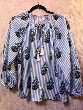 🎀5/$15 Coastal Grandma cottagecore Blue & white Floral Stripe Peasant Top XL -I